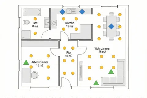 Grundriss mit Lichtplanung für einen Neubau: Einbaustrahler, Pendelleuchten und Stimmungslicht sind für Bad, Küche, Flur, Arbeits- und Wohnzimmer markiert.