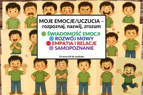 Ilustracja przedstawia chłopców wyrażających różne emocje. Centralnie umieszczona jest lista: "Moje emocje/uczucia – rozpoznaj, nazwij, zrozum", z podpunktami: Świadomość emocji, Rozwój mowy, Empatia i relacje, Samopoznanie.