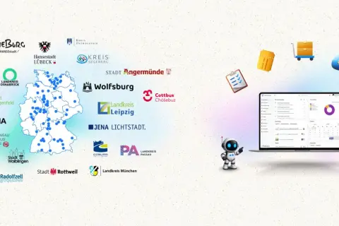 Digitale Transformation in deutschen Städten und Landkreisen, gefördert durch den DigitalPakt 2.0. Eine Karte zeigt Standorte, während ein Laptop und ein Roboter die Zukunft der Bildung symbolisieren.