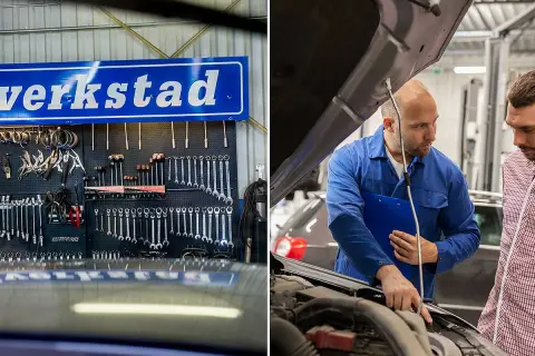 Verkstad med verktyg på väggen och mekaniker som visar en kund bilens motor. Stora service möjligheter.