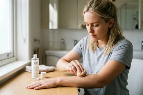 Frau trägt Selbstbräuner auf, um ihre Haut braun ohne Sonne zu färben. Ein Produkt von Glow Essentials steht daneben.