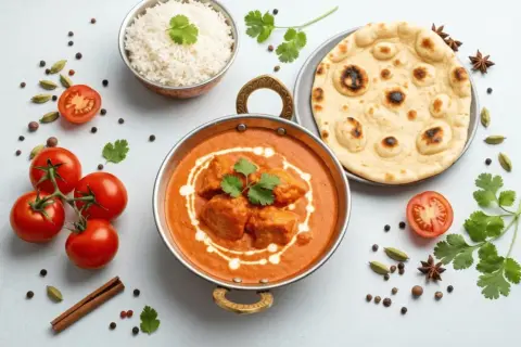 En krämig butter chicken med ris och naanbröd, omgiven av färska tomater och kryddor. En härlig indisk måltid.
