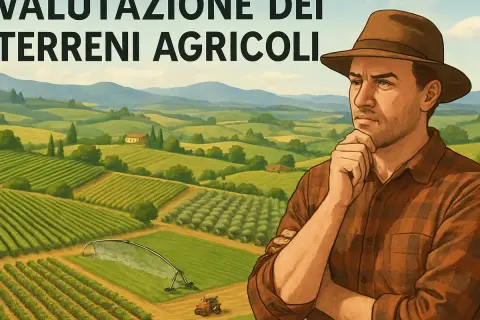 Un contadino pensa: quanto vale una pertica di terreno agricolo? Campi verdi irrigati, colline e un casolare sullo sfondo.