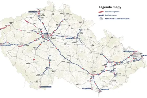 Mapa Czech z zaznaczonymi drogami płatnymi (niebieskie) i bezpłatnymi (czerwone).