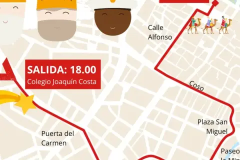 Mapa de la cabalgata Zaragoza. Reyes Magos en camellos por el Coso, salida 18:00 del Colegio Joaquín Costa.