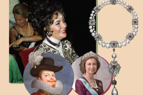 Elizabeth Taylor y la Reina Sofía lucen joyas, incluyendo la perla peregrina, junto a un retrato de Felipe IV.