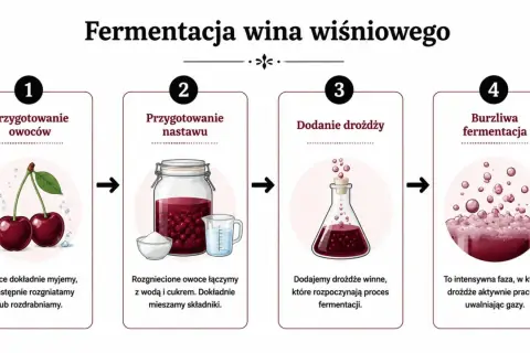 Proces tworzenia duńskiego wina z wiśni: mycie i rozgniatanie owoców, dodanie wody i cukru, drożdży, a następnie burzliwa fermentacja.