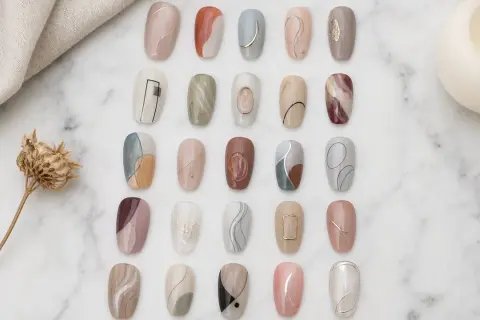 Collection de modèles de dessin ongles gel aux motifs abstraits et lignes fines, sur fond marbre.
