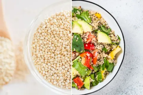 Quinoa: de donde viene la quinoa, un grano ancestral, se muestra en un tazón y en una ensalada colorida con aguacate y pimientos.