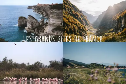 Quatre scènes magnifiques : falaises corses, vallée alpine, flamants roses, et paysage côtier. Ces images illustrent les plus beaux endroits de France.