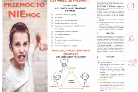 Chłopiec z wściekłą miną i zaciśniętą pięścią symbolizuje przemoc. Plakat informuje, że przemoc domowa to nie tylko bicie, ale też wyzwiska, groźby i szantaż.