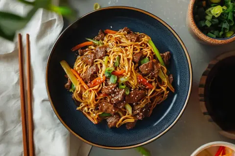 Makaron chow mein z wołowiną i warzywami w misce, obok pałeczek i sosu sojowego.