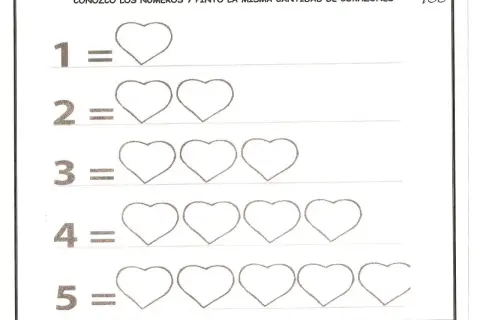 Fichas para niños de 3 años: números del 1 al 5 con corazones para contar y colorear.