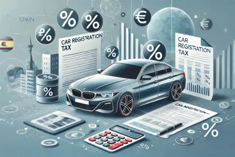 Coche gris, calculadora, documentos de "impuesto matriculacion coche" y gráficos financieros.