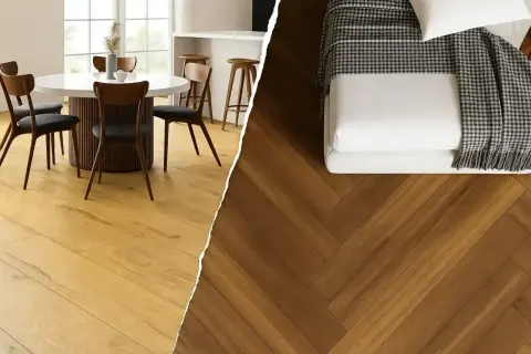 Jasne panele laminowane w jadalni i ciemne panele winylowe w sypialni. Wybierz idealną podłogę do swojego domu.