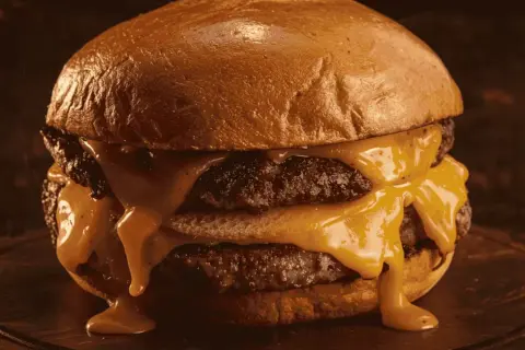 Gros plan sur un burger double au fromage fondant dégoulinant, sur un pain brioché doré.