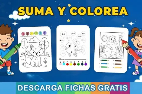 Niños felices con crayones, listos para descargar sumas para imprimir y colorear divertidos animales.