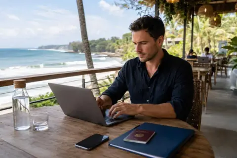 Mężczyzna pracuje na laptopie z widokiem na ocean. Obok paszport, telefon i butelka wody. Marzenie o pracy zdalnej na Bali, wiza w zasięgu ręki.