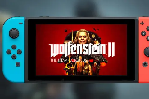 Nintendo Switch z okładką Wolfenstein II: The New Colossus. Ta gra to kolejny rozdział w chronologii Wolfenstein, pełen akcji i walki.
