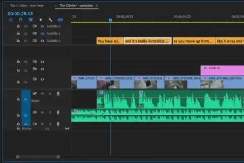 Premiere Pro auto captions are being edited. The "Captions" tab shows transcribed text and timeline markers for "The Climber" video.