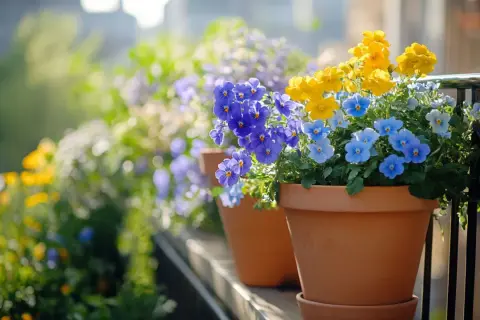 Des pots de fleurs de printemps débordent de pensées bleues, violettes et jaunes sur un balcon ensoleillé.
