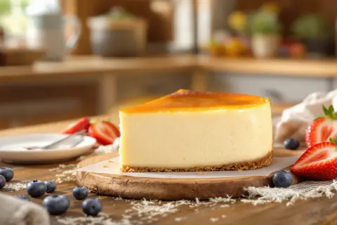 Tranche de cheesecake japonais onctueux, garnie de fraises et myrtilles, sur une planche en bois.