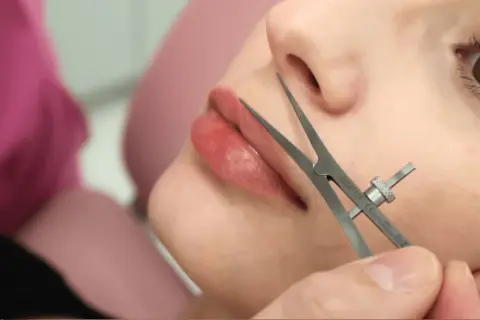 Precyzyjne pomiary przed zabiegiem lip lift. Dłoń chirurga z narzędziem przy ustach pacjentki.