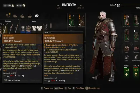 Geralt w ekwipunku Wiedźmin 3, z Aerondightem, srebrnym mieczem, który jest kluczem do ścieżki przeznaczenia.