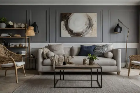 Salon moderne avec un canapé beige, des fauteuils en rotin, une table basse en bois et une peinture abstraite au-dessus du canapé.