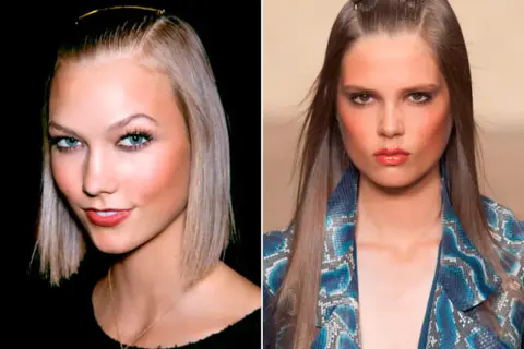 Dos modelos lucen peinados pelo largo liso con accesorios dorados en la cabeza.