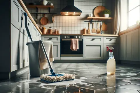 Un cubo, una fregona y un spray de limpieza listos para saber como quitar la grasa del suelo de la cocina.