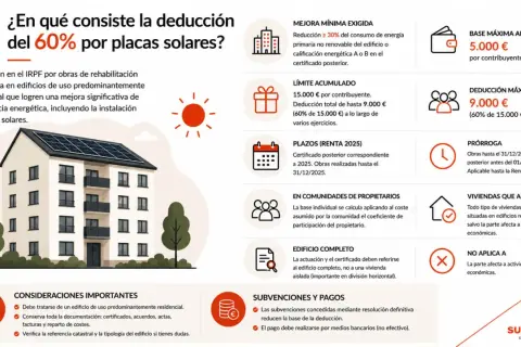 Deducción IRPF placas solares en Cataluña: 60% para edificios residenciales, hasta 9.000€. ¡Infórmate!