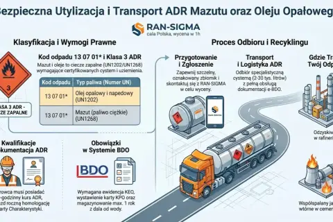 Ilustracja przedstawia proces bezpiecznej utylizacji i transportu mazutu oraz oleju opałowego. Widoczny jest transport zużytego oleju specjalistyczną cysterną, który następnie trafia do rafinerii lub cementowni.
