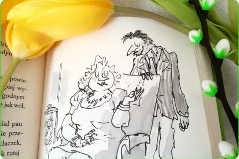 Ilustracja z książki "Matylda" przedstawia panią Trunchbull i pana Wormwooda. Recenzja książki Matylda.