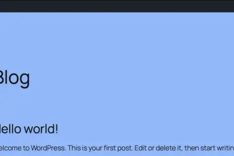 Pantalla de WordPress con título "Test", post "Blog" y "Hello world!". Ideal para empezar a crear plugin WordPress.