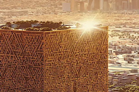 Nowoczesny, geometryczny budynek z metalową fasadą w słońcu, otoczony innymi budynkami.