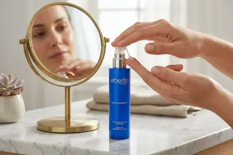 Manos aplicando sérum equilibrante, ideal para tu rutina de piel mixta. Reflejo de rostro en espejo.