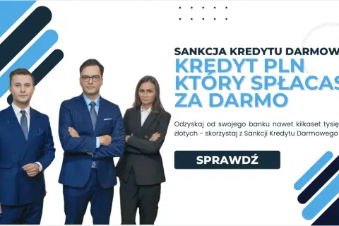 Trzy osoby w garniturach, reklama "Sankcja Kredytu Darmowego" - kredyt PLN, który spłacasz za darmo.