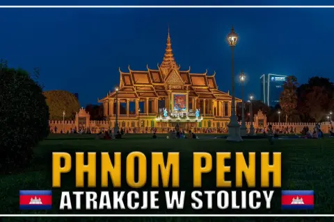 Wieczorem w Phnom Penh, stolicy Kambodży, widać oświetlony Pałac Królewski.