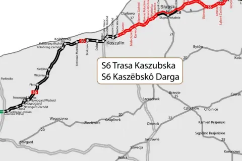 Mapa pokazuje przebieg S6 Trasa Kaszubska, łączącą Szczecin z Trójmiastem.