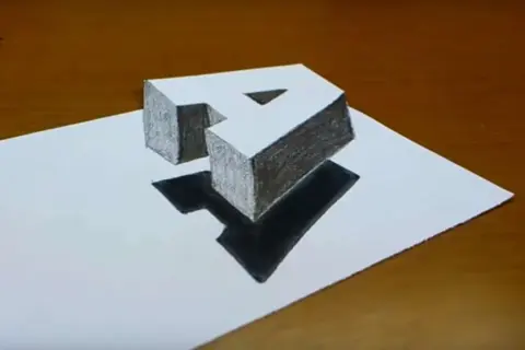 3D-Buchstabe "A" mit Schatten auf weißem Papier gezeichnet.