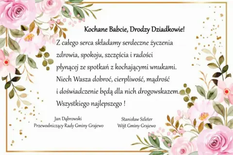 Piękne życzenia dla babci i dziadków, otoczone różowymi kwiatami. Niech dobroć i mądrość Wasza będzie drogowskazem dla wnuków.