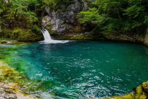 Le "Blue Eye" d'Albanie, une source d'eau cristalline aux nuances turquoise et émeraude, se jette dans un bassin naturel entouré de verdure luxuriante.