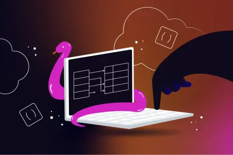 Un serpent rose, symbole de Python, s'enroule autour d'un ordinateur affichant un schéma de hachage. Une main sombre pointe vers l'écran.