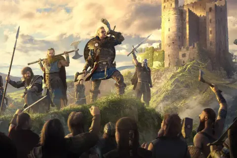 Wikingowie z Assassin's Creed Valhalla szturmują zamek. Lider z rogiem na ustach zagrzewa do walki.