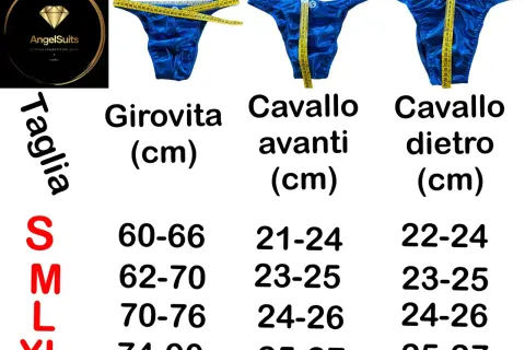 Guida taglie uomo: la taglia S corrisponde a girovita 60-66 cm, cavallo avanti 21-24 cm e cavallo dietro 22-24 cm.