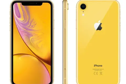 Żółty iPhone xr z przodu, z boku i z tyłu.