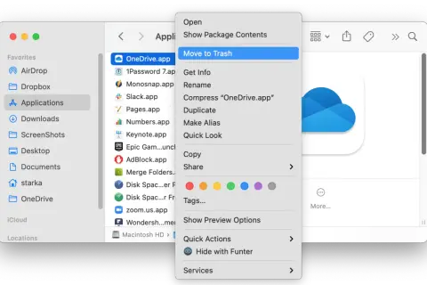Jak usunąć aplikacje z MacBooka? Kliknij prawym przyciskiem myszy na OneDrive.app i wybierz "Przenieś do kosza".