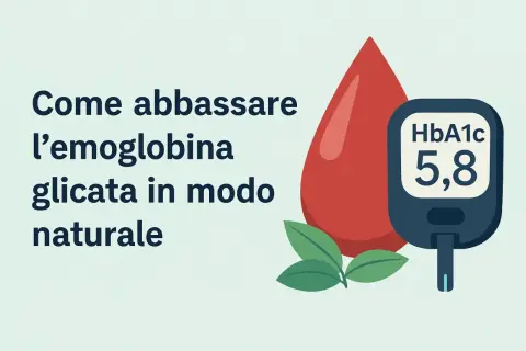 Come abbassare velocemente l'emoglobina glicata in modo naturale: un misuratore HbA1c, una goccia di sangue e foglie verdi.