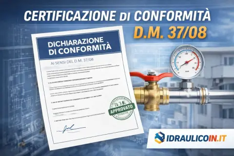 Certificazione di conformità impianto idraulico con manometro e valvola. Documento "Dichiarazione di Conformità" approvato.